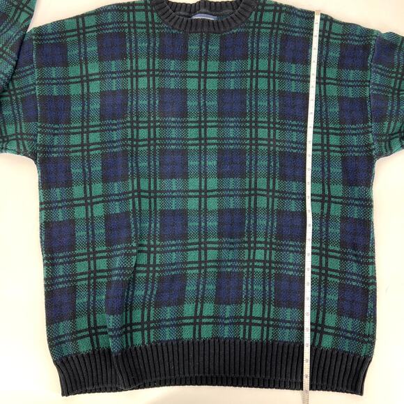 Vintage Lands End Mens Plaid Crewneck Cotton Knit Sweater Navy Green Size  XL - Picture 4 of 7